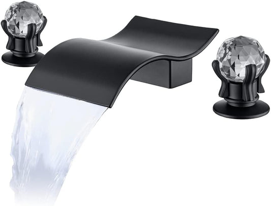 Deck Mount Widespread Waterfall 2 Crystal Handle Bathroom Sink Faucet in Black