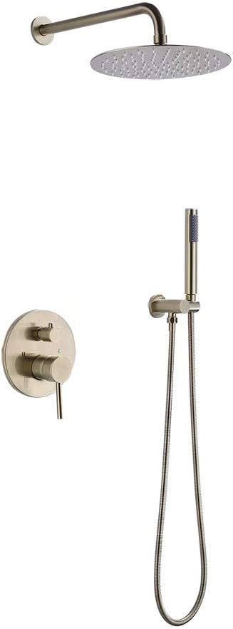 Homary Luxury 2-Function 10" Rain Shower System Wall Mounted Shower Combo Set High-Pressure Round Shower Head Hand Shower Set Solid Brass, Brushed Gold with Rough-in Valve and Trim