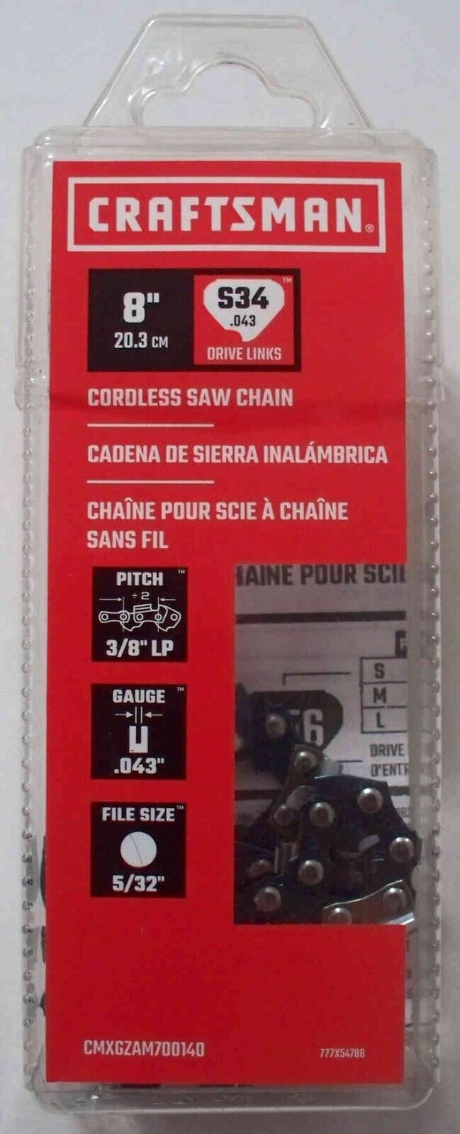 Craftsman 8" Chainsaw Chain S34 CMXGZAM700140- 3/8" LP .043" G 34 DL-Combo Ship