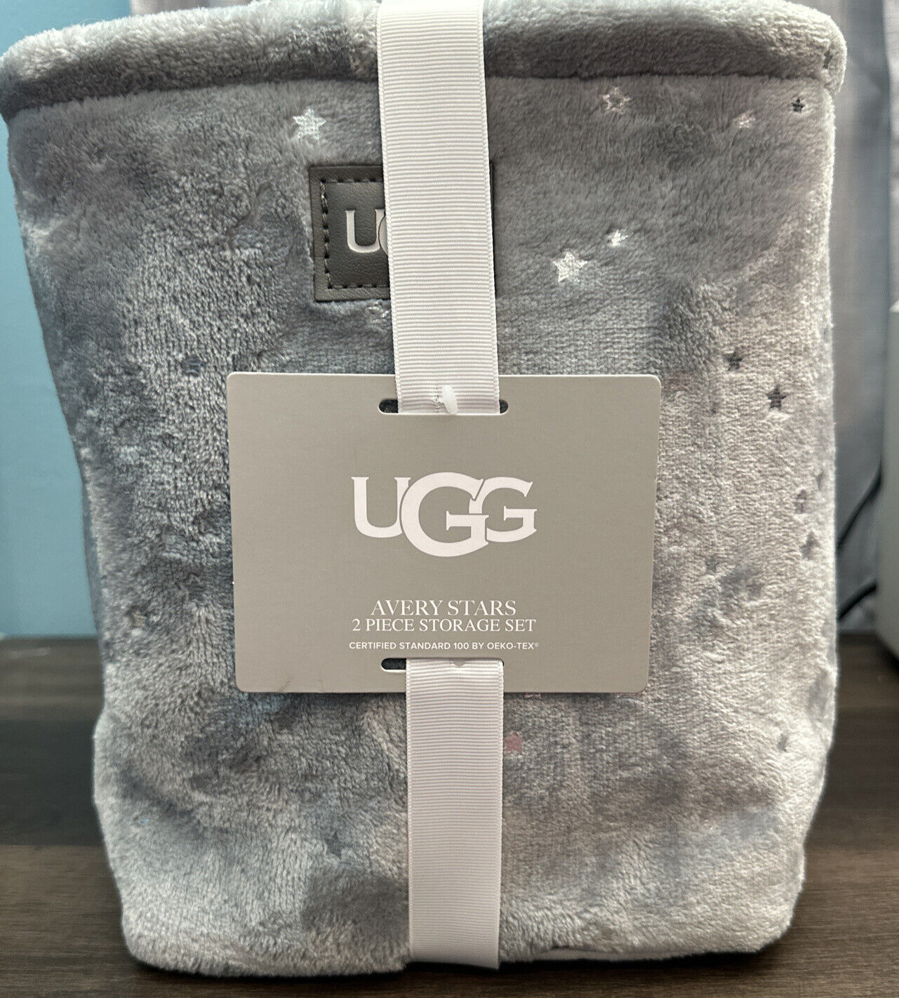 UGG Avery Gray Stars 2 Piece Storage Square Bin 9”x9”x12” & Round Bin 8.75”